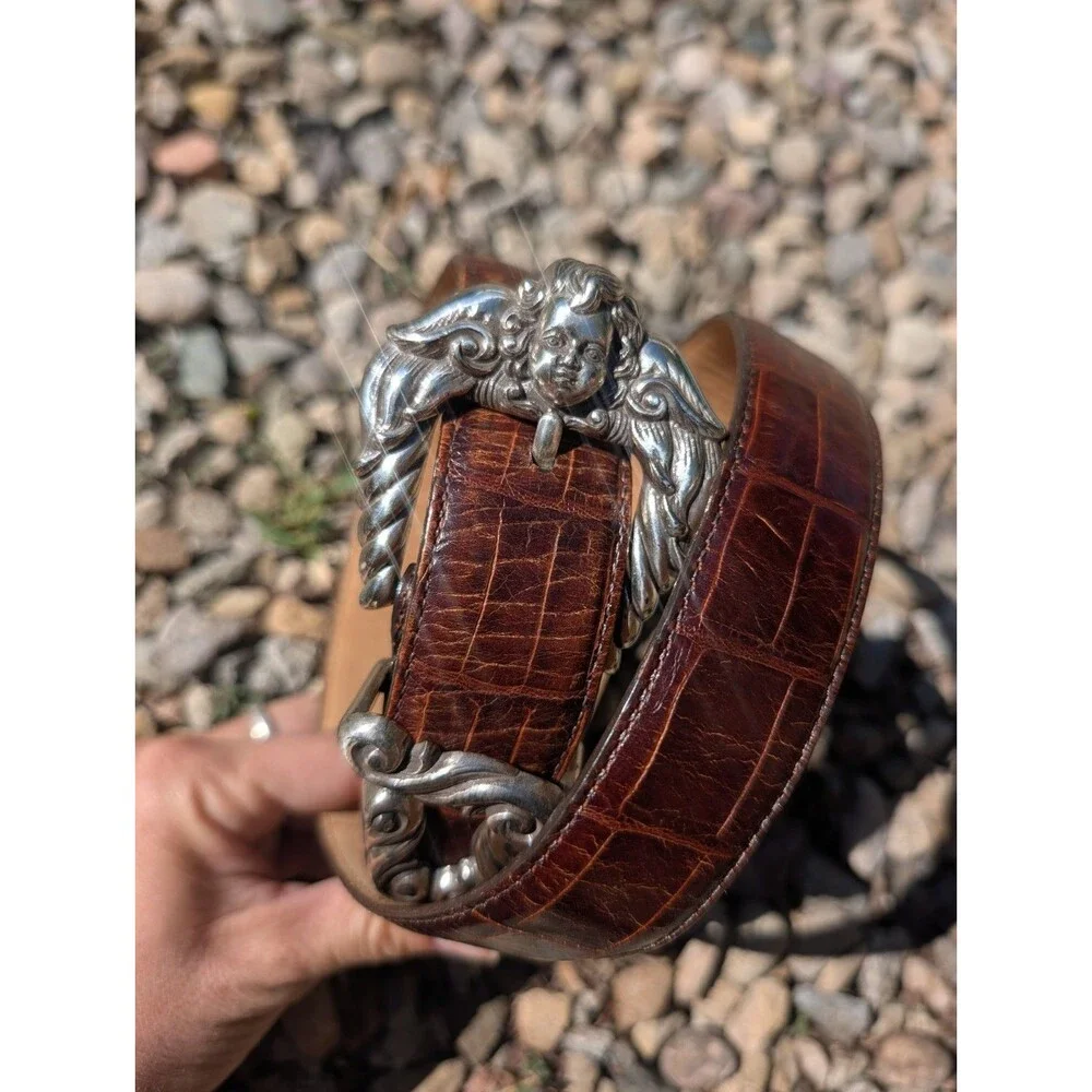 Brighton Vintage 1995 Cupid Angel Brown Croc Leather Women's Belt Size Medium